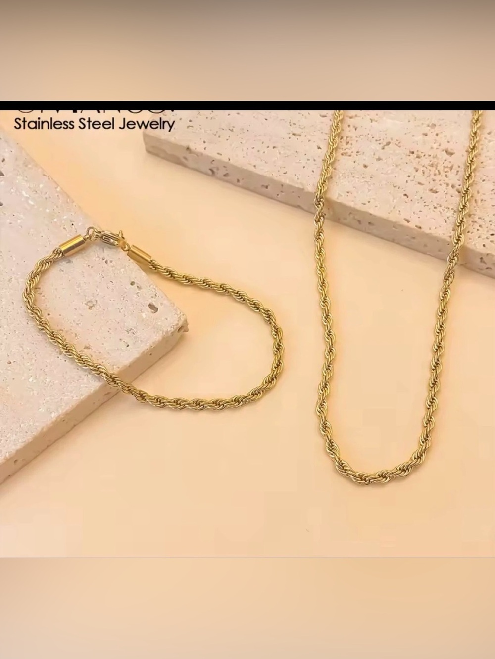 Classic 18k Gold plated Rope Chain Necklace and Bracelet Set